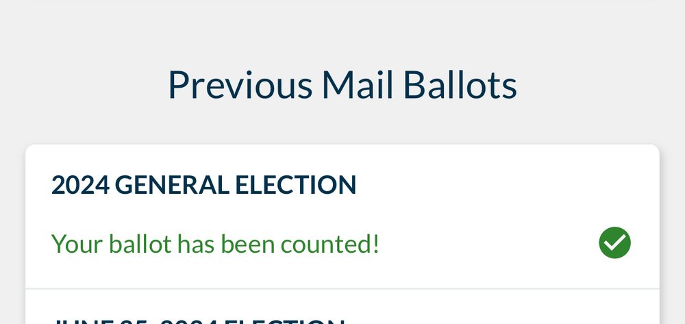 Screenshot from Ballot Trax (which tracks the status of mail-in ballots for Colorado voters) confirming I voted in 2024