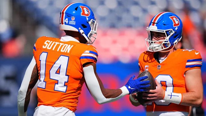 Denver Broncos quarterback Bo Nix and wide receiver Courtland Sutton wearing the Broncos' "Orange Crush" throwback uniform, which was originally worn from 1968 to 1996 and featured the popular royal blue helmet with the "D" logo sporting a bronco in the middle of it and an orange uniform with blue and white accents