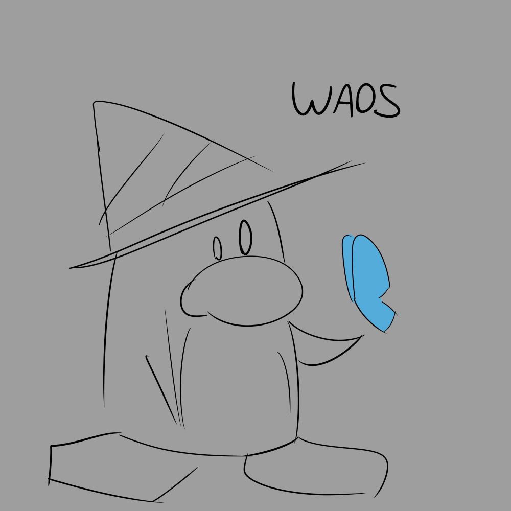 pinwino con sombrero viendo a una mariposa y diciendo "Waos"