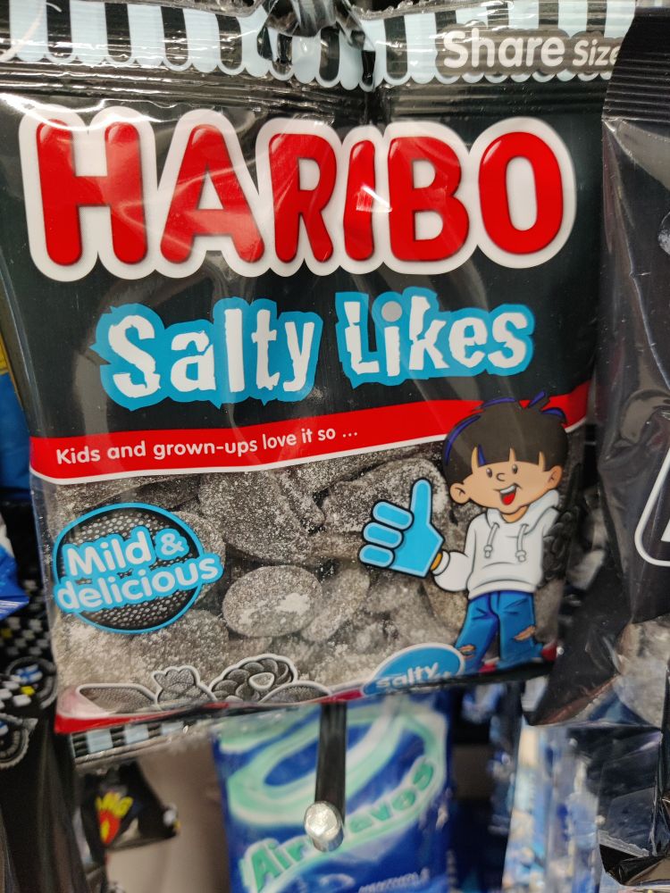 A packet of Finnish licorice Haribo called Salty Likes
