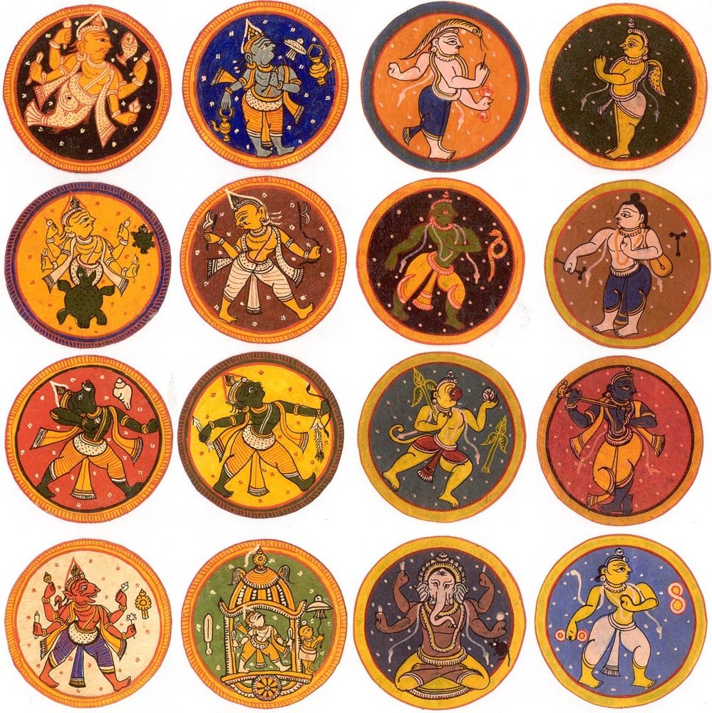 Round cards showing colourful illustrations of Hindu gods