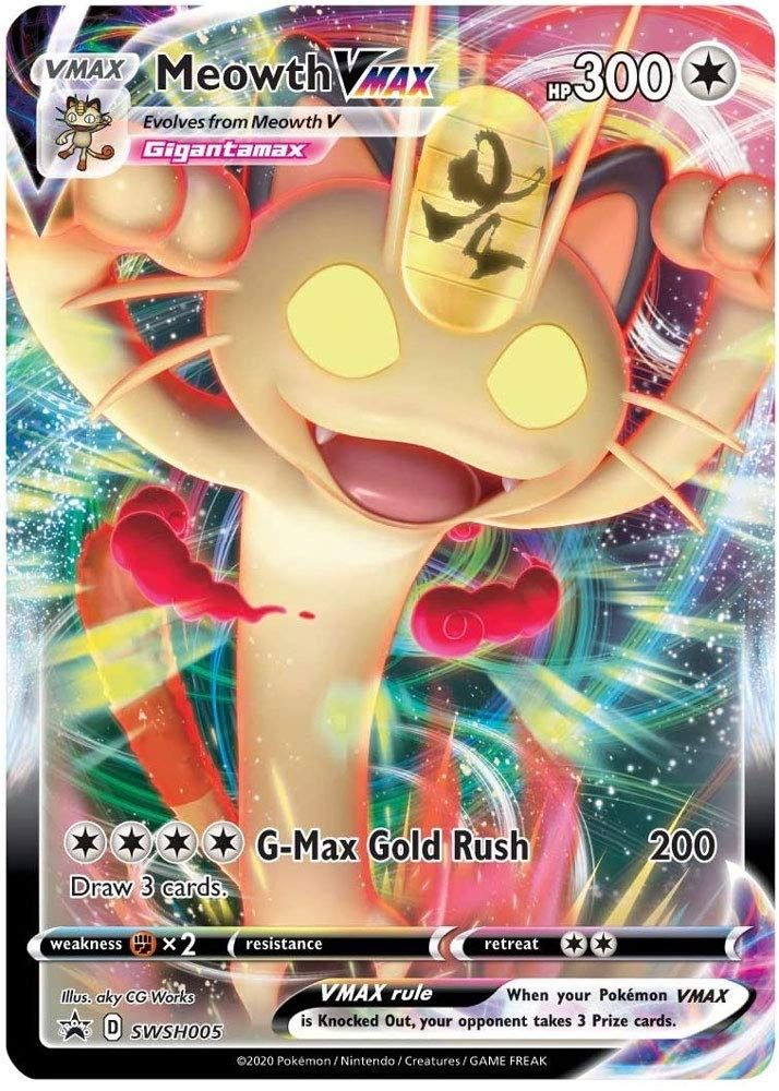 The Pokémon card VMax Meowth, showing a very tall golden-eyed Meowth 