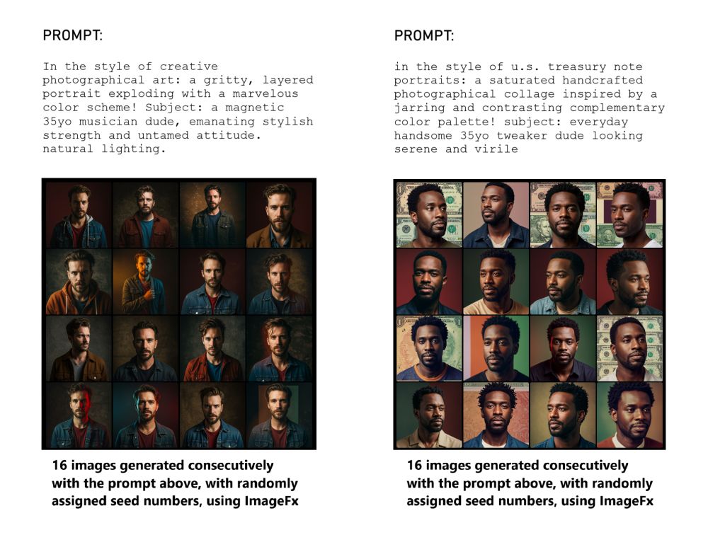 This image displays two side-by-side grids, each containing 16 AI-generated portraits. The 16 images within each set were generated consecutively using Google's ImageFX with randomly assigned seed numbers, demonstrating the output variations from two distinct text prompts.

The left grid's images were created with the prompt:

"In the style of creative photographical art: a gritty, layered portrait exploding with a marvelous color scheme! Subject: a magnetic 35yo musician dude, emanating stylish strength and untamed attitude. natural lighting."

All 16 portraits in this grid depict a white man.

The right grid's images were created with the prompt:

"in the style of u.s. treasury note portraits: a saturated handcrafted photographical collage inspired by a jarring and contrasting complementary color palette! subject: everyday handsome 35yo tweaker dude looking serene and virile."

All 16 portraits in this grid depict a Black man.

Notably, neither prompt explicitly specified a race or ethnicity for the subject. This outcome raises significant questions about potential racial biases in the AI image generation process, where descriptive terms appear to influence the racial output in a consistent and distinct manner.