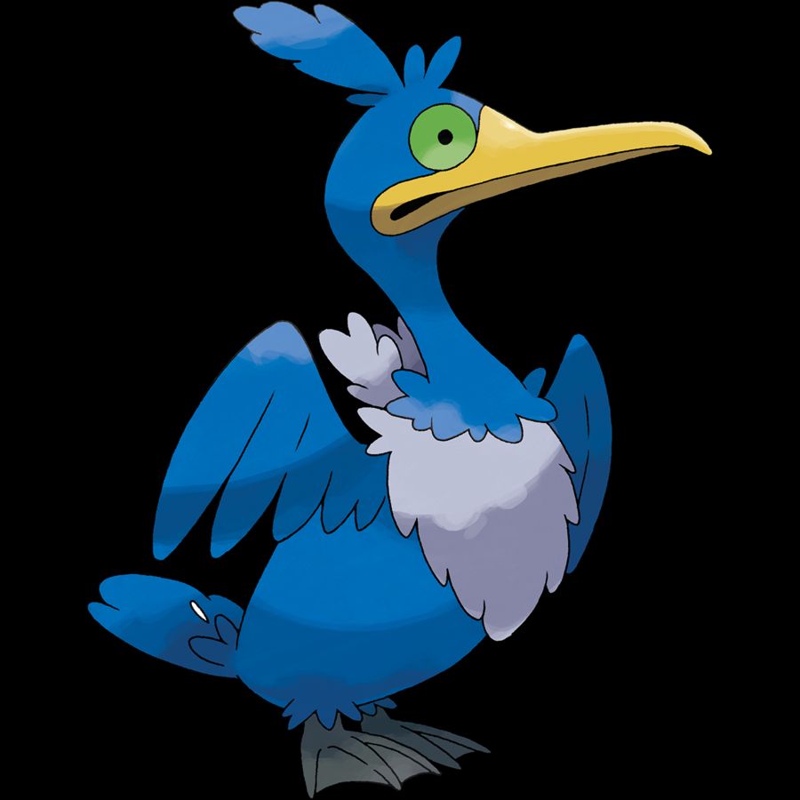 Cramorant is a blue avian Pokémon resembling a cormorant. It has bright green, large, circular eyes with small pupils and a large, thin yellow beak. It has a ruff of light gray feathers that goes around its torso and sticks out at the back, making them resemble a bib. Its tail feathers have a small dot-shaped marking of this same shade of gray. It has a ruff of feathers on its head, with the largest clump pointing backward and being surrounded by small singular feathers. Its feet are black, webbed, and have three toes. Its wings seem to be perpetually extended.
