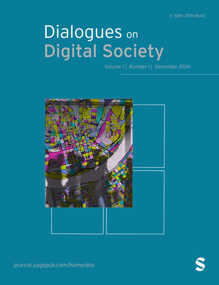 Cover or dialogues on digital society journal - teal background with digital landscape graphic image