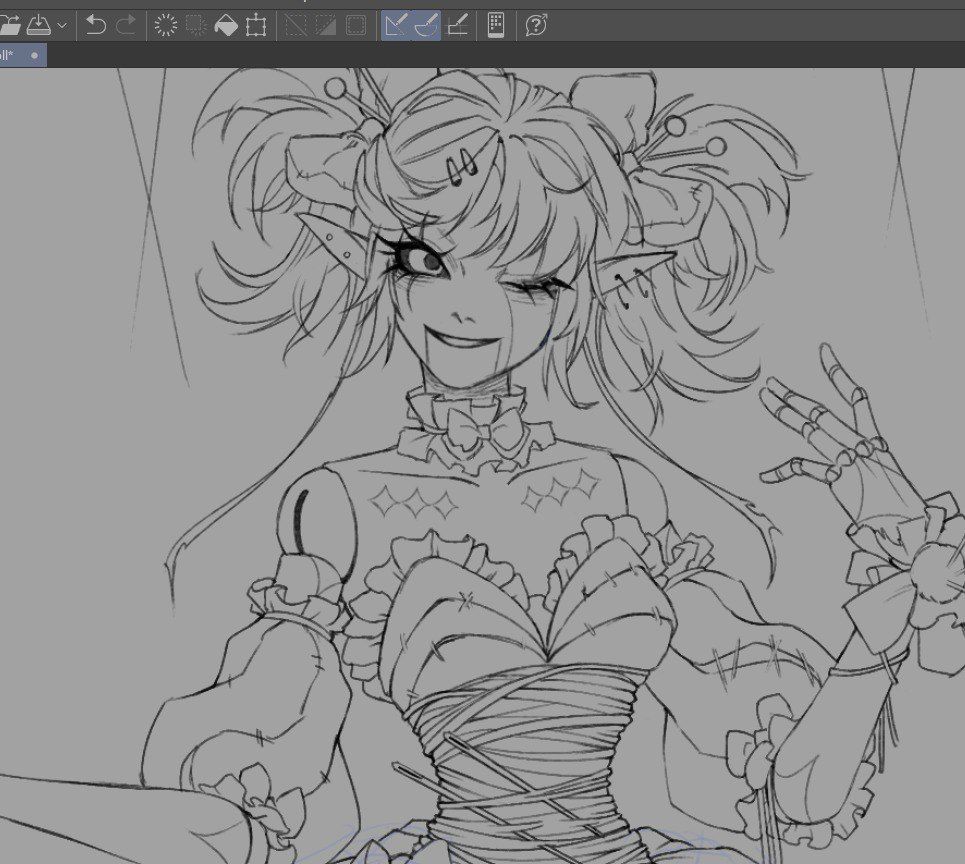 Part of lineart of a silly puppet doll thing