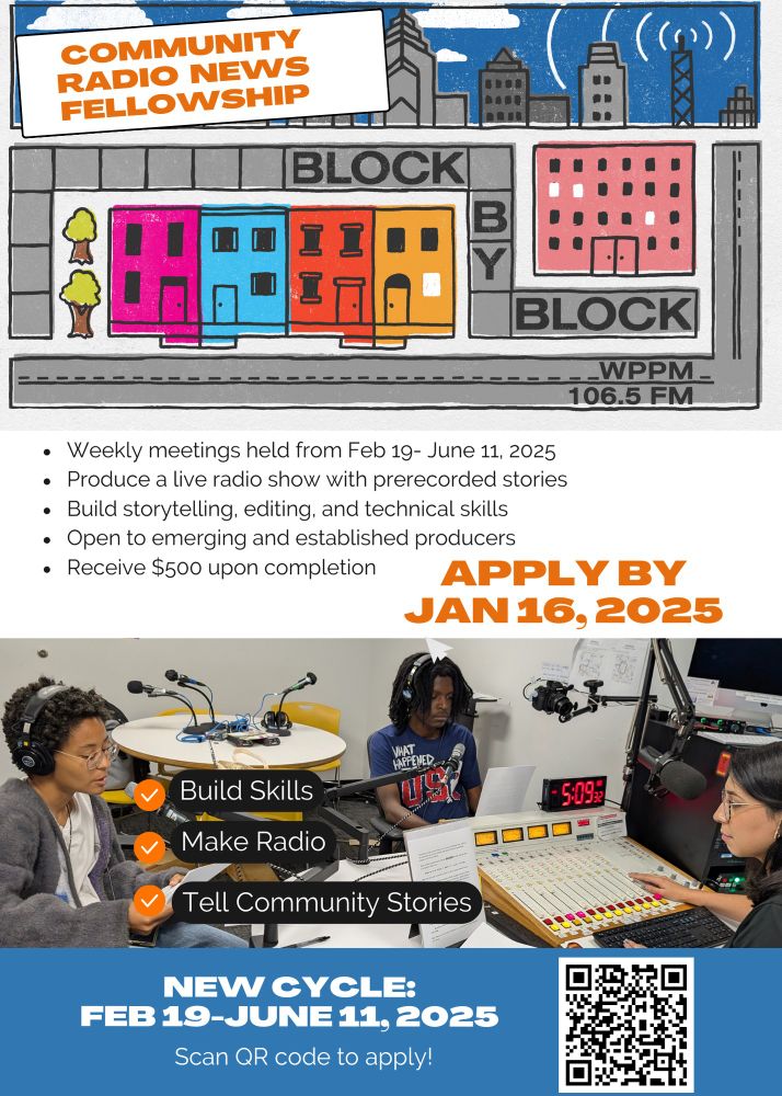 Community Radio News Fellowship
Weekly meetings held from Feb 19 - June 11, 2025
Produce a live radio show with prerecorded stories
Build storytelling, editing, and technical skills
Open to emerging and established producers
Receive $500 upon completion
Apply by Jan 16, 2025 
