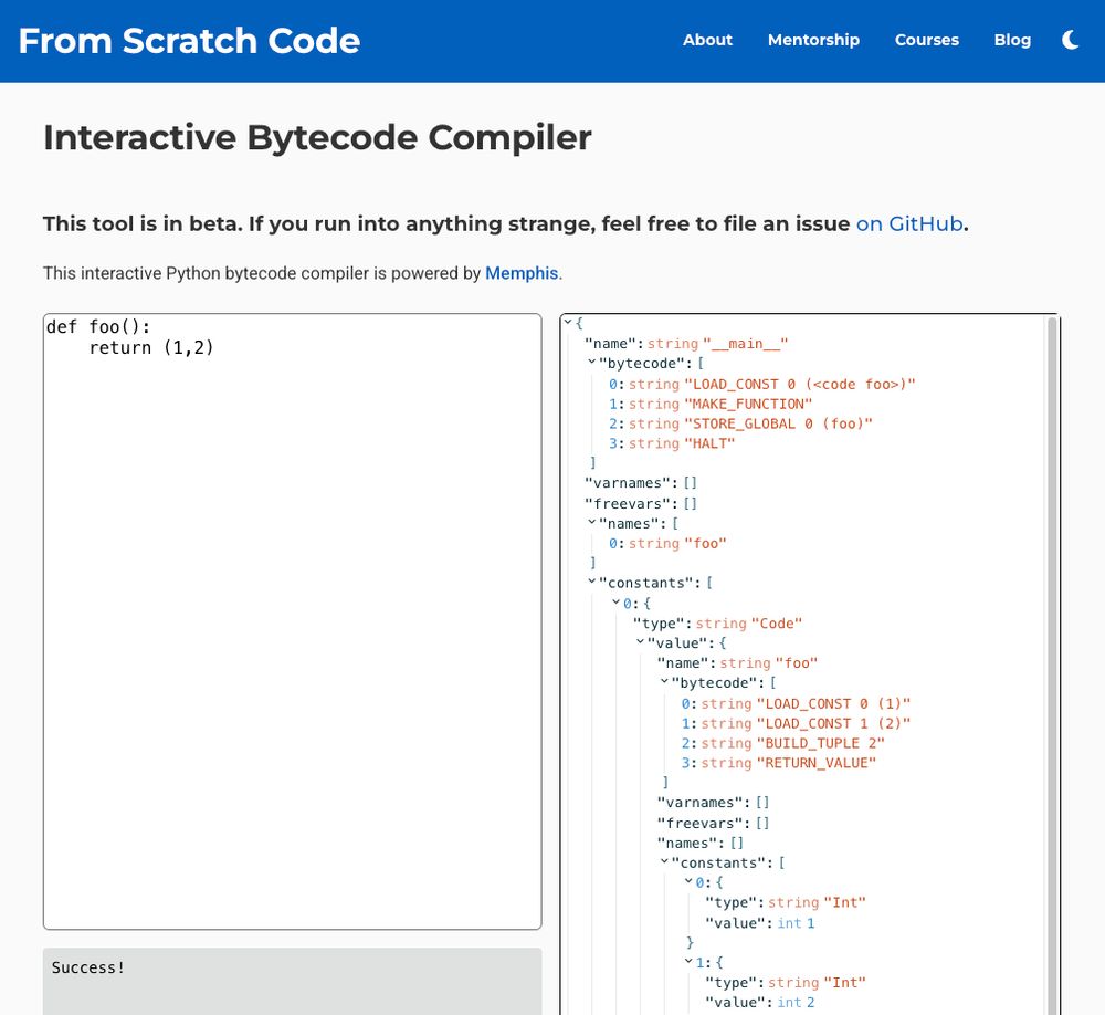tuple example in the web-based interactive bytecode compiler.
