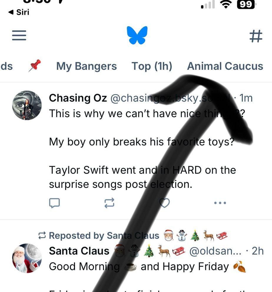 Screenshot of bluesky mobile app showing feed with black arrow pointing to upper right text saying Animal caucus
