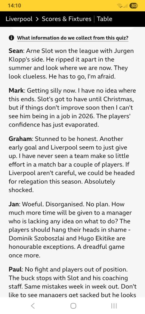 Liverpool fan believes the team is heading for relegation 