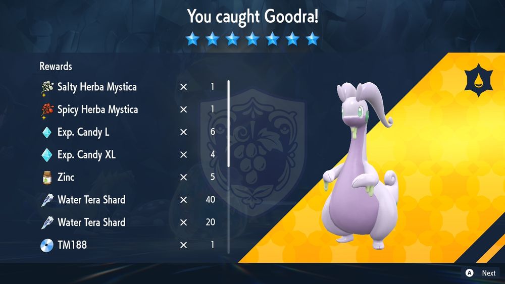 Result screen of catching 7 star goodra in pokemon violet