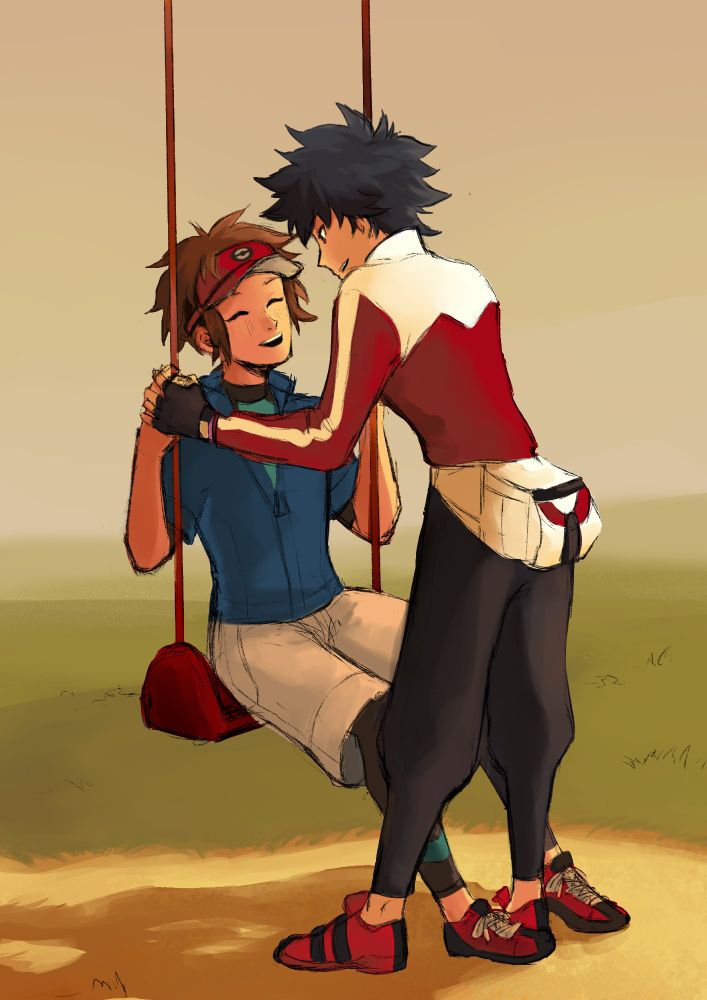 A coloured sketch fanart of Nate and Hugh from Pokémon Black 2 and White 2. Nate is sitting on a swing while Hugh is standing in front of him, holding his hand with the swing chain between their hands. Both are smiling and the scene takes place at sunset.