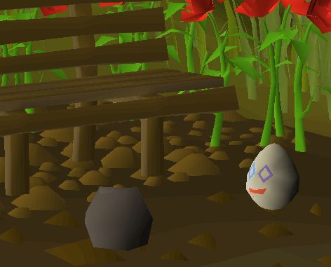 A screenshot of osrs with the pet rock and dumty humty the egg sitting in front of a bench