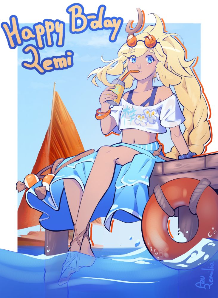 Artwork of Remi sitting on a pier, dipping her feet in the water with text on the top saying "Happy B-day Remi"