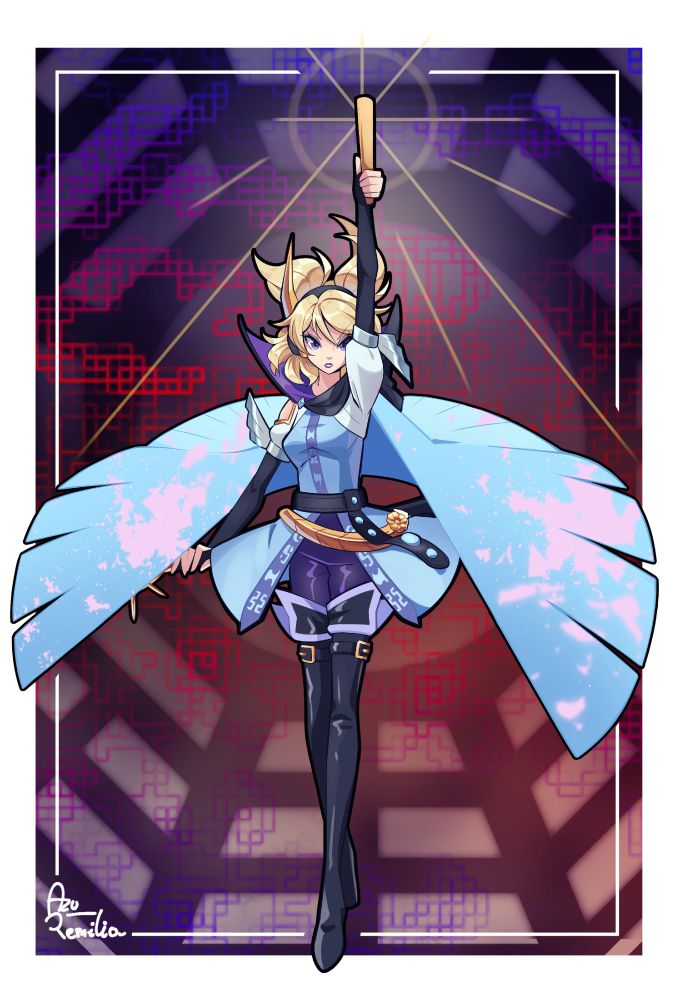 Touhou Project character - Toyosatomimi no Miko holding her rod up as it radiates brilliant light. She's dressed in more modern, sleek clothes based on her design from FSoWP