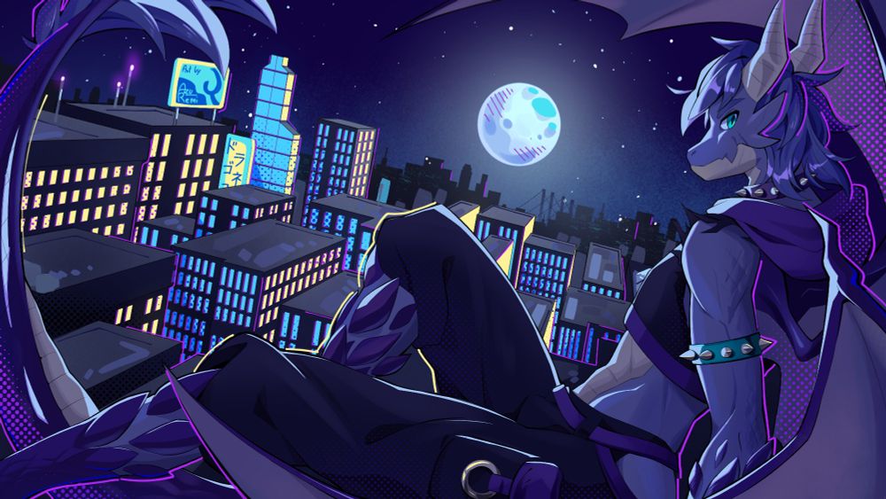 Artwork of a dragon humanoid flying over a city in the middle of the night during a full moon. The billboards say "Art by AzuRemi" and "ドラゴネコ (Dragoneko)