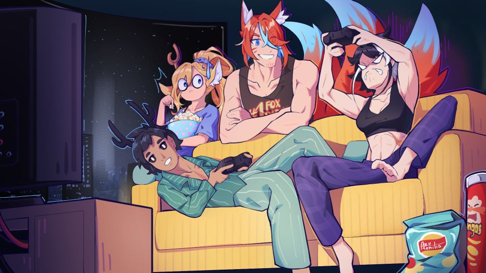 Artwork depicting four characters on the couch, playing games late at night. Nakuma and Hellebore are playing a game, with ZorroKitsune and Remi in the background watching them play