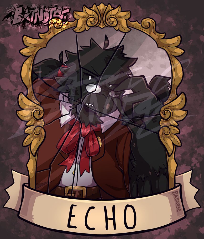 a digital badge of echo (they/he/it), a corvid anthro with simple white eyes, wearing a cloak, collared shirt, and red ribbon neatly tied into a bow. they are framed within a cracked mirror with an ornate golden frame, leaning towards it to inspect closer with a skeptical expression. it lowers small glasses sitting on its nose bridge, one of the lens cracked as well. underneath the mirror is a paper scroll that reads "ECHO".