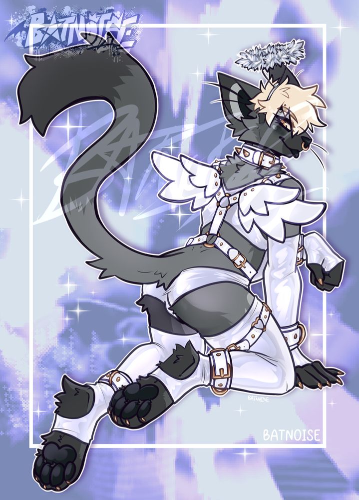 a pinup of joshua (it/he), a grey cat anthro with darker extremities, gold eyes and claws, and short blond hair, on its knees from behind, against a blue abstract background. it is loosely dressed as an angel, scantily clad in all white latex, with white leather straps, cuffs, choker and a wing harness. all of the leather fastens, rivets and spikes are gold as well. it wears a cheap tinsel halo headband on its head as well, completing the angelic look.