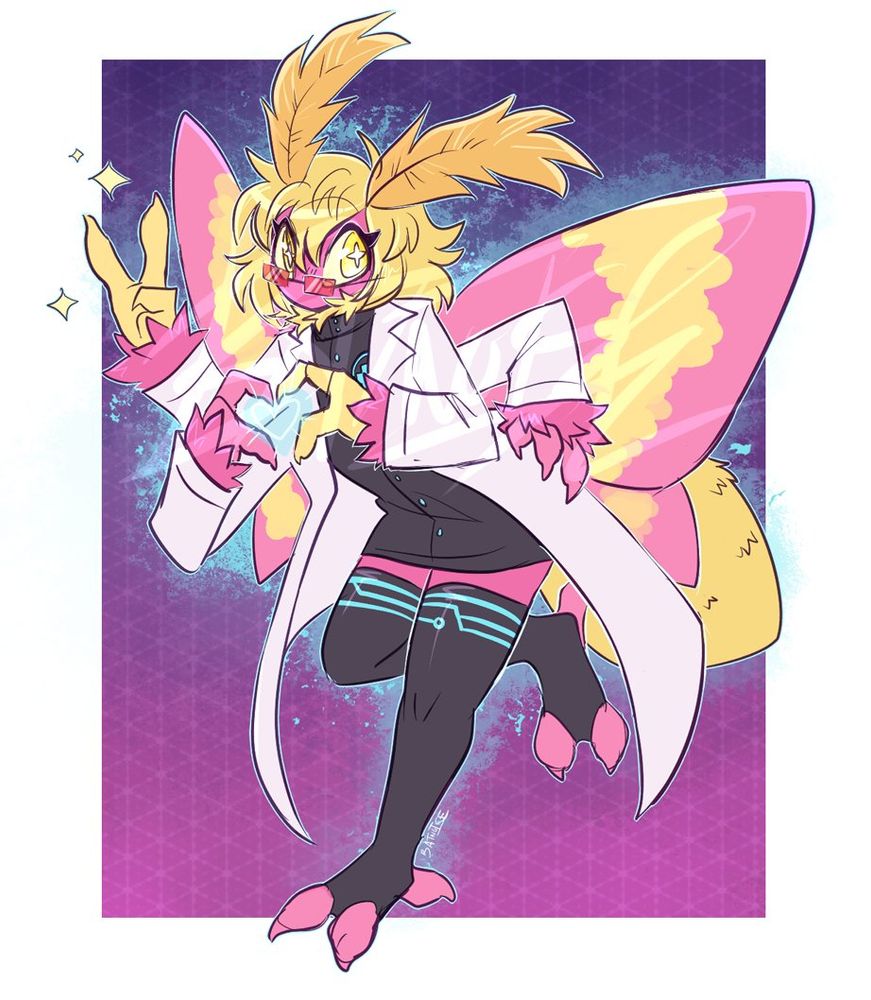 a digital drawing with rough linework of a rosy maple moth girl anthro with big starry eyes, four arms and short blonde hair in a fluffy bob haircut. she wears square glasses with red lenses, a lab coat, a black nurse coat and black  leggings with cyan circuit markings. she stands in a cutesy pose with two of her hands forming a heart shape, one hand on her hip, and her other hand forming a peace sign, against a background that gradients from purple to pink.