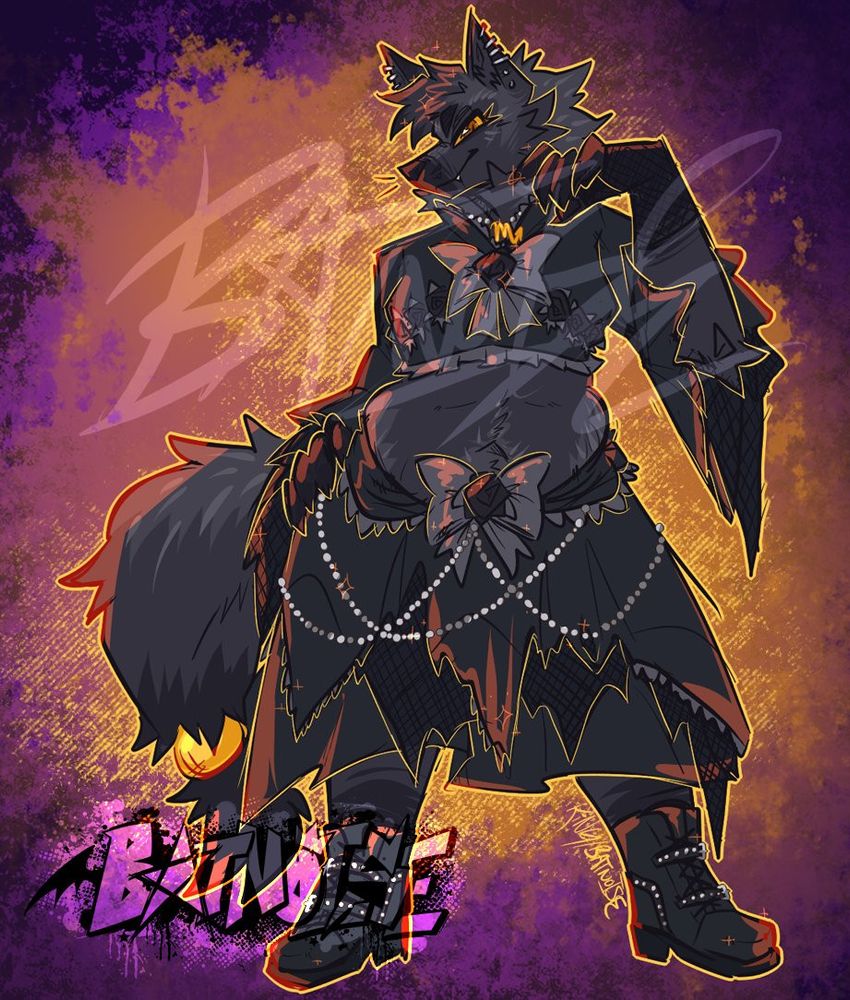 a digital drawing with rough, sharp linework of a chubby silver fox woman with warm amber eyes, standing in a haughty pose with one arm up against her cheek and the other arm on her hip. she wears a nineties goth velvet and lace style outfit, consisting of a silver necklace with a golden scorpio charm, a frilly long-sleeved black crop top with incredibly flowy sleeves, a tattered, layered skirt with frills and chains, and combat boots. the background is a painted blend of black, purple and golds.