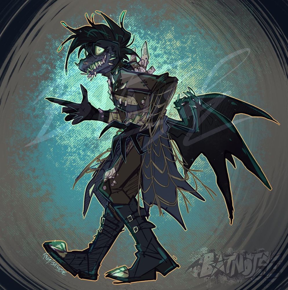 a digital drawing with rough sharp messy linework of an anthro anglerfish, dark blues and greens in color, with glazed-over green eyes, lots of spikey teeth, long limbs, and leathery wings on its lower body, against a background of grey and various greens. it wears a patchwork outfit in muted colors, biker pants with built in knee pads and knee-high combat boots. barnacles cover various other parts of its body. despite its scary appearance, it sports a goofy grin on its face, pointing to the left as if to tell the viewer to follow it.