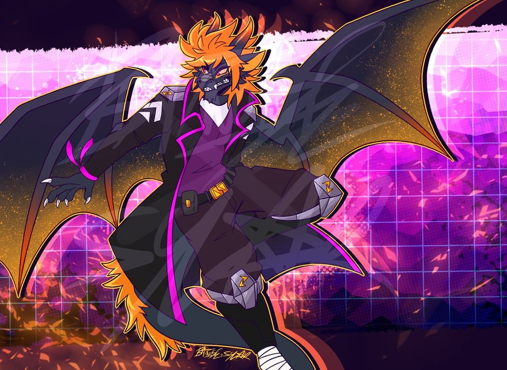 a digital drawing of a black dragon anthro with spikey orange hair, horns that blend from black to orange, large membraned wings with orange at the ends, and an orange mane that runs down his tail. he wears an outfit consisting of a purple shirt, a black coat with bright purple trim, a belt, and baggy pants tucked into knee braces. they sidestep with their wings spread wide, looking over their shoulder with a smirk. the background is a mosaic blend of various purples with fiery sparks on top.