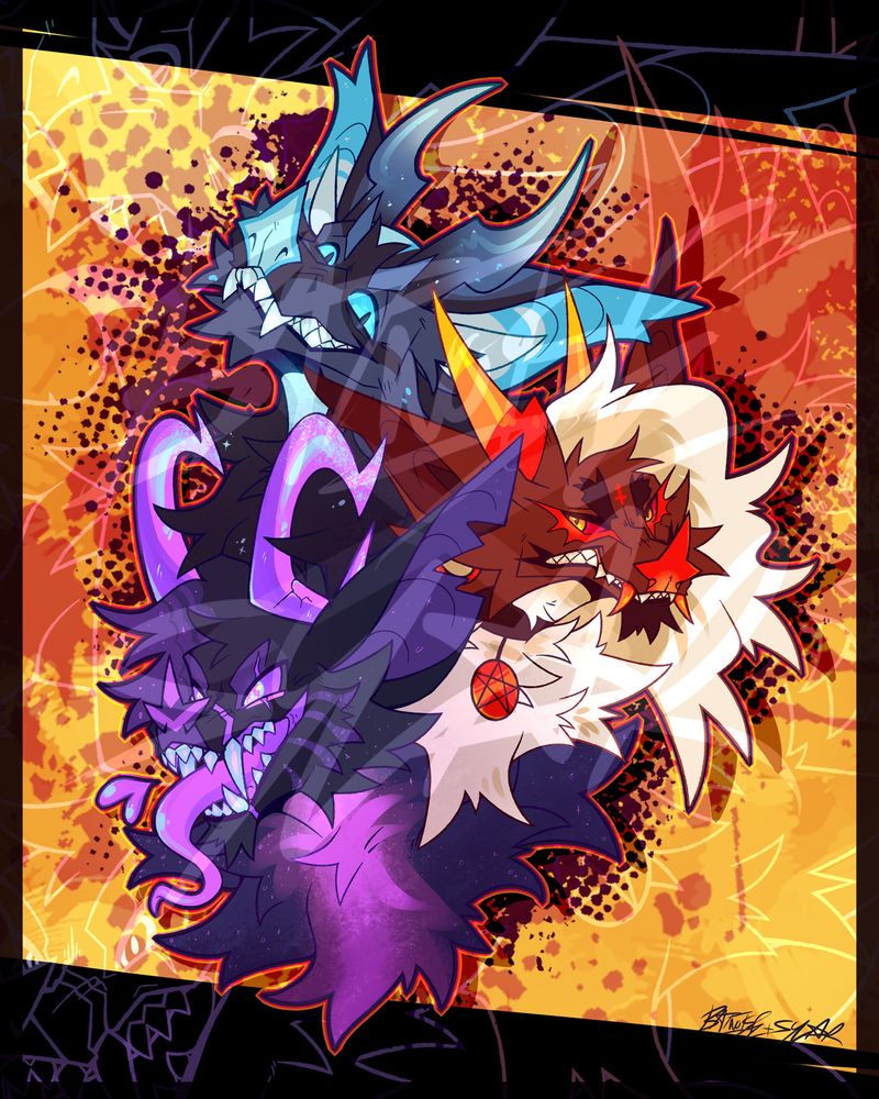 a poster-esque digital drawing featuring three bat characters' heads stacked on top of each other with various features overlapping. on top is cryo (he/him), a blue and dark grey bat with horns that point upwards and curve at the ends, with a sly expression and a wide crooked smile. in the middle is ritual (he/him), a red bat with off-white hair and mane with zig-zagged horns in bright reds and oranges, with an irritated scowl and bared teeth. on the bottom is zotz (it/they), a dark purple bat with lighter purple and pink markings, bright blue teeth, and big horns that curve forward like hooks, with a crazed and wild expression and its tongue out. the background is an abstract blend of yellows and oranges with splatter textures, bordered by black on all sides.