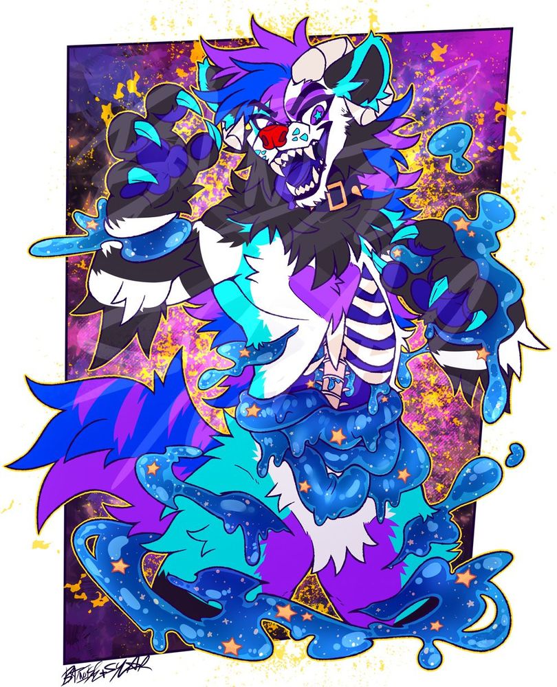 a digital drawing from the thighs up of an anthro hyena, cyan and white in color, with blue and purple hair that runs down their back as a mane, curved horns on their head, a purple heart marking on their chest, a black fluffy neck with a spiked collar, cyan claws, dark blue pawpads, starry eyes, and black and white striped arms. they raise their arms in an intimidating pose, claws and teeth bared at the viewer, with a maniacal expression on their face. they are cut open in various places on their body exposing their ribcage and spine, and blue, sparkly jelly-like blood and guts pour out. the background is a mix of black, blue and purple with some yellow and orange accents.