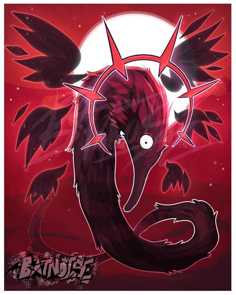 illustration of a black worm on a string with a single eye, a six-pointed red spiked halo, and six shadowy wings floating around it, menacingly looking toward the viewer. it floats in front of a red sky with a bright full moon behind it.