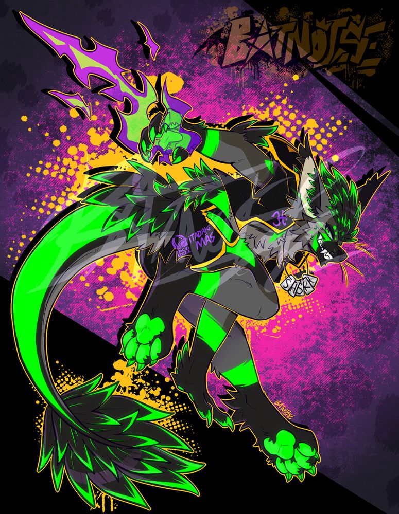 a digital drawing of a grey, black, and neon green anthro character with fox-like features. he sports feathers on his head, elbows, the base of his tail, and tail tip. he wears a short sleeved open hoodie with a coqui featured on the side, and short shorts with the taco bell logo and text that reads "itadaki mas" next to it. all of the green features on him have a light glow. he parkours over the black compositional framing of the piece against a background of pinks and purples with golden splatters and accents, a trail of green and purple fire coming from his other hand.