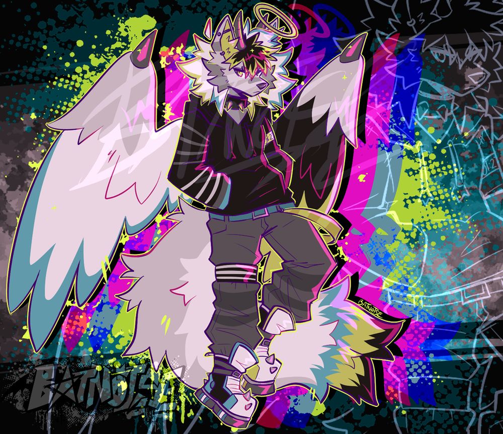 digital art with rough linework of eli (he/him), a grey wolf with spikey hair, big wings, and green and blue accents. he stands with a nonchalant pose and neutral expression, hands in his hoodie pockets. the background is visually loud with pinks, blues and greens against grays and black, with splatter and grungy textures.