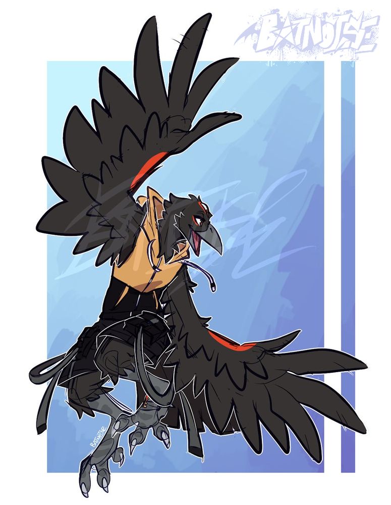a digital drawing of an anthro blackbird with large wing-arms and hints of red on the outer sides of the wings and under his eyes. he has a third eye in the middle of his forehead. he soars in the sky with an energetic pose, wearing a sleeveless hoodie and cargo shorts with a lot of straps.