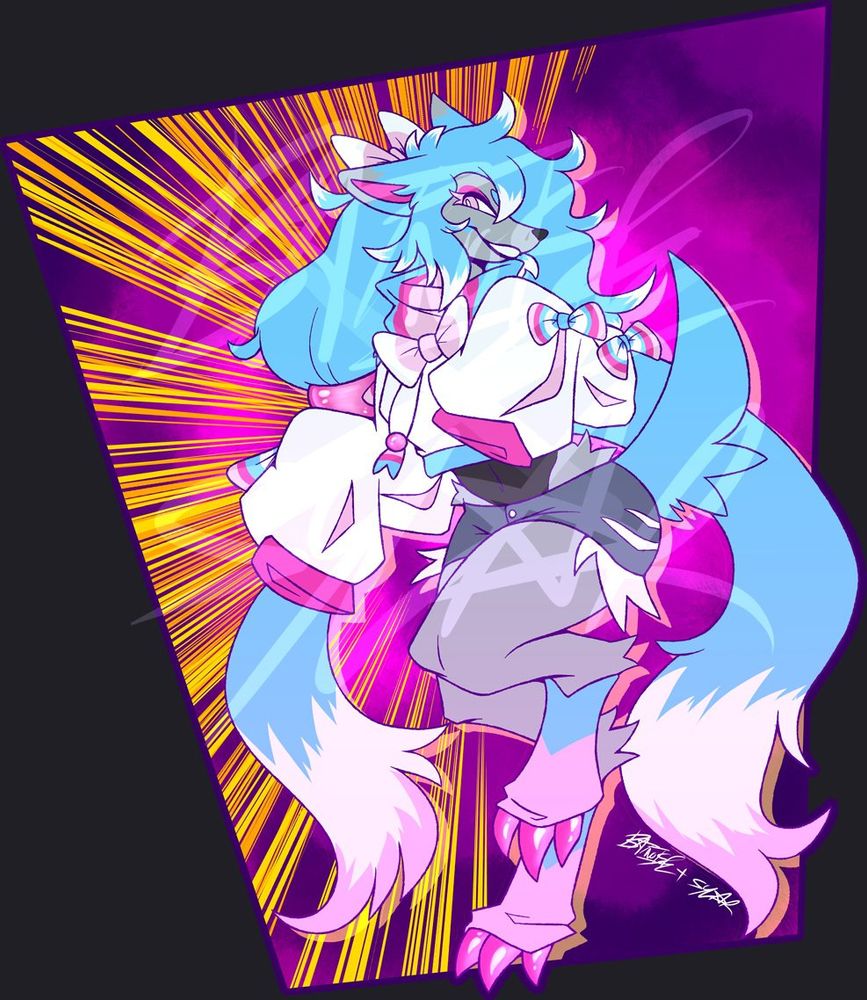 a digital fullbody illustration of a sylveon and zoroark hybrid anthro with soft, bright colors and long twintails. she wears a sweater with long sleeves covered in bows, frayed short shorts, and legwarmers. she stands in a cute pose emphasizing her loose sweater sleeves, against a colorful background of various purples and oranges.