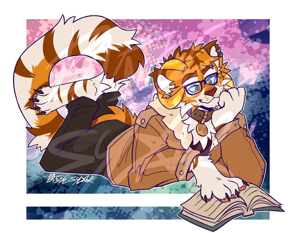 a digital drawing of dune, an anthro golden tiger with translucent golden horns that wrap around his ears, laying down on his front site with his head resting in one of his hands and his legs kicked up behind him, reading a book. he wears glasses, a brown leather collar with a golden tag that says "dune" on it, a chestnut brown aviator jacket, and black pants. the background is an abstract mess of colors and splatters that gradients from pinks to blue-greens, evoking the feeling of laying in the grass under cherry blossom trees.