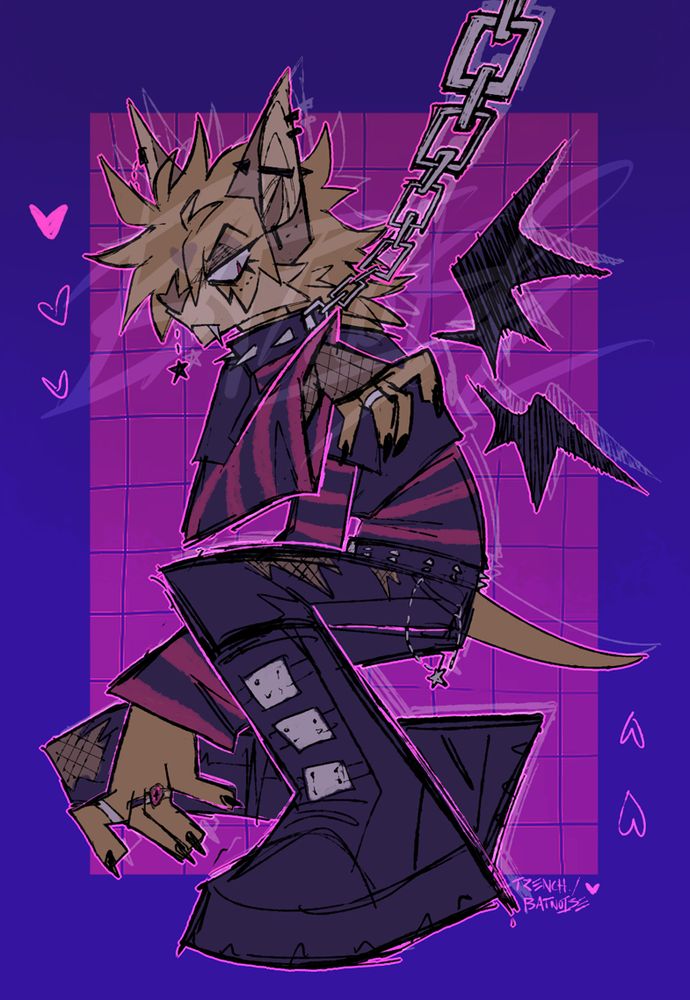 a digital drawing with muted colors of a golden bat anthro in black and red punk clothes with big boots, knelt down against a blue and pink background. a chain leash is attached to a spiked collar he wears, trailing off to the top right of the composition.