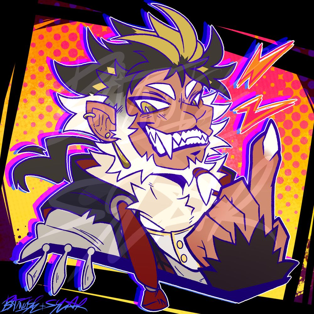 a digital drawing with bright, harsh colors from the shoulders up of a monkey anthro with tan skin and golden eyes. they have dark grey hair with golden cowlicks and streaks and a small ponytail in the back. their head blends into a white beard around the sideburns, and their goatee is also tied at the end. they face towards the right but look down at the viewer with a big, toothy grin, pointing with one finger, brightly colored lightning bolts accenting them. the background is bright yellows and oranges bordered by black.