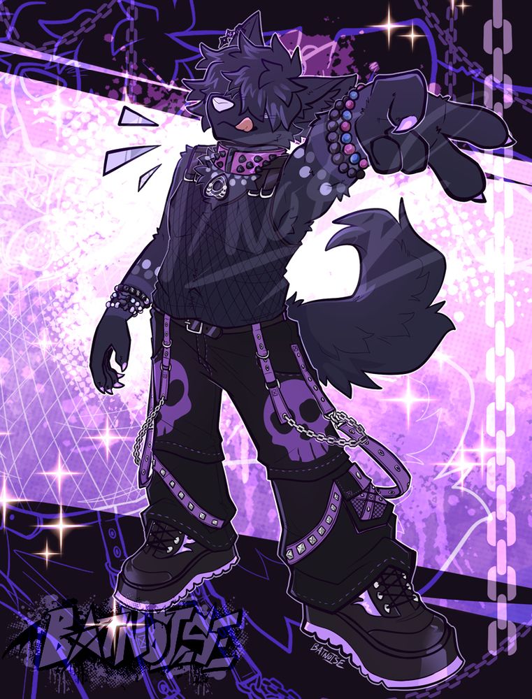 digital art of calab (he/they), a chubby dark purple dog anthro with shaggy bangs covering his eyes. he sticks his tongue out in a cute and cocky expression. he stands, viewed from a high angle, one hand flashing a peace sign at the viewer, the other at his side, legs in a wide stance. he wears a mesh fishnet top, a purple collar, various kandi and bracelets on his wrists, black and purple tripp pants, and black and purple boots. the background is bright purples bordered by black on the top and bottom with chains, stars, and splatter textures.