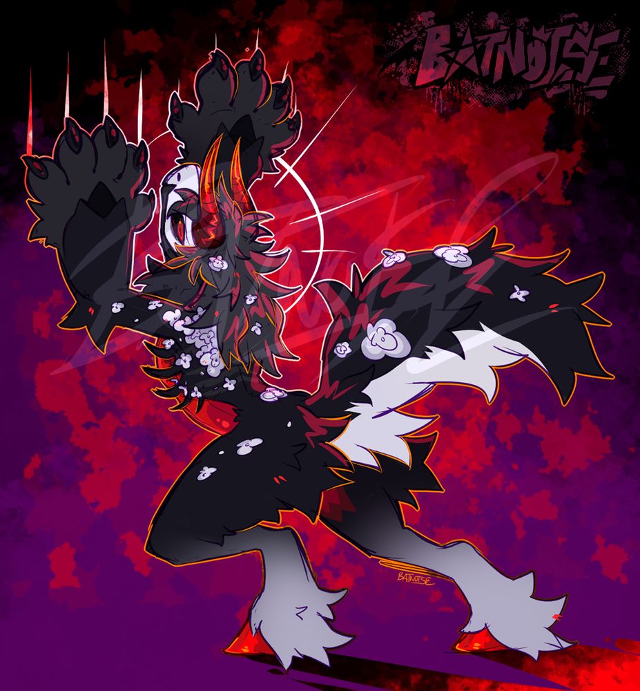 digital art of barometz (it/its), a black, white and red sheeplike creature with red curved horns, a dark grey mane, large clawed paws, and white flowers growing all over its body. barometz rears up on its back legs, dragging its claws down the side of the composition, glaring back at the viewer over its shoulder with an intense and primal expression, evoking fear, hunger and anguish all at once.
