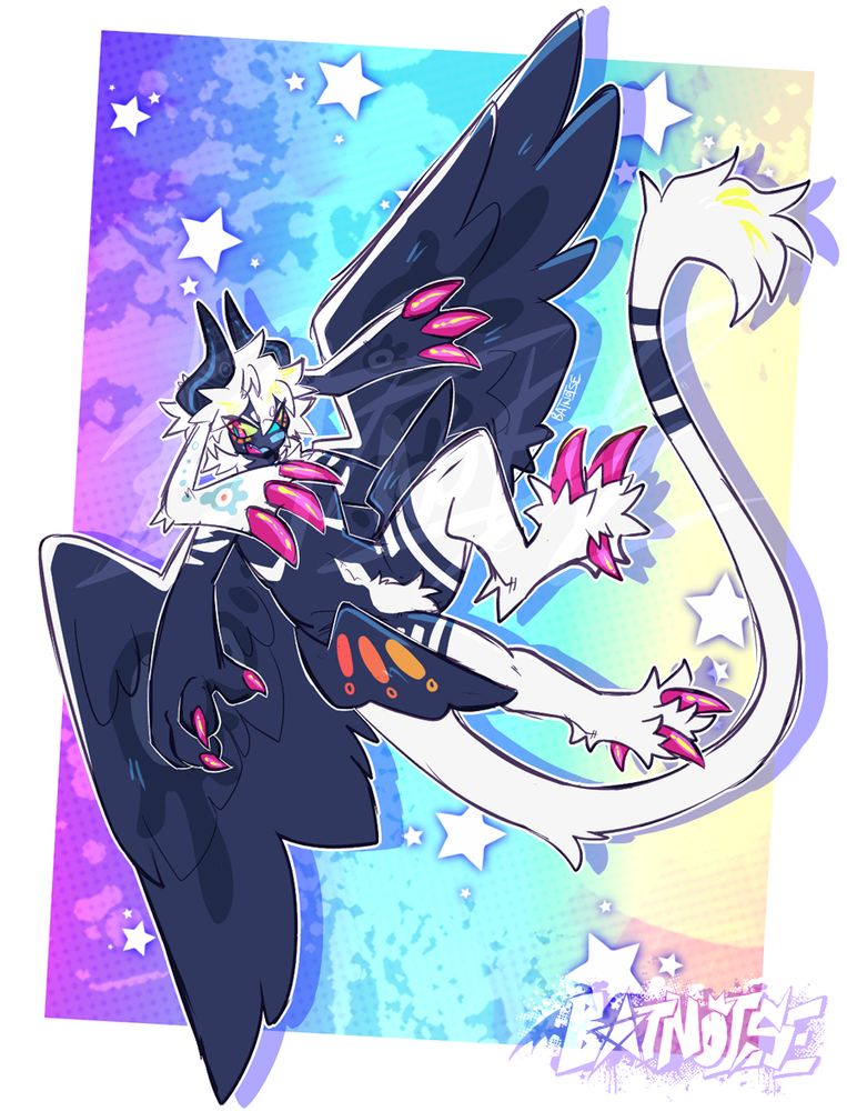 digital art of eight (they/them), a blue and white bird-like dragon with short white hair, long rabbit-like lop ears with pink claws at the end, big wings and smaller wings on their hips, and a long tail. they are posed mid-flight with an excited expression against a rainbow background with stars.