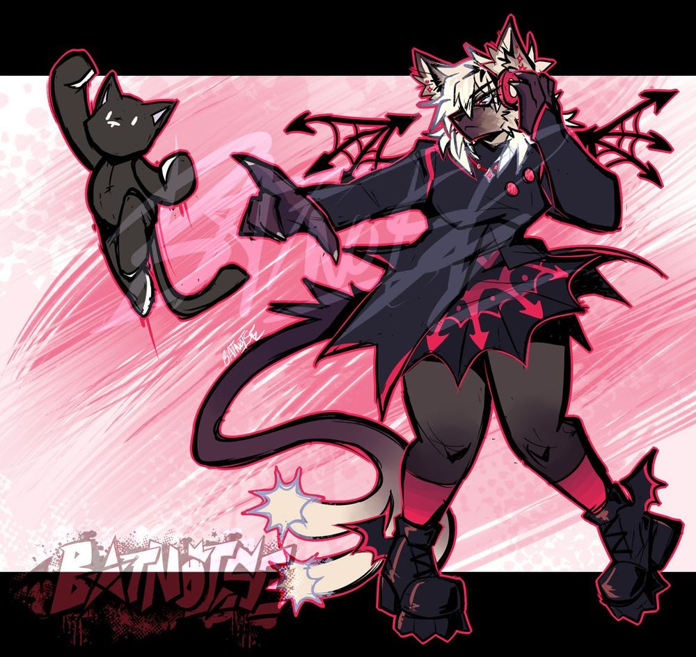a digital drawing with bold, rough linework of a chubby anthro cat girl, tan with darker seal-point markings and lighter choppy hair. she has red eyes with sharp eyelashes, small stylized pointed wings on her back, and a tail split into two at the end. she wears red chunky headphones, a long-sleeved black and red dress, with a design along the skirt that resembles her wings, and ankle high boots with bat wings on the sides. she stands with one hand on her headphones, the other hand pointed outwards, directing a black plush cat (mr. mew) to uppercut something offscreen. the background is a blend of white and red, between horizontal black borders.