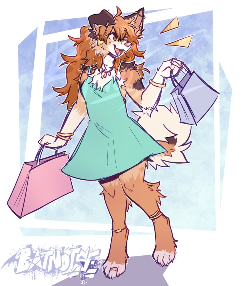 digital art of kimi (she/her), a brown anthro dog girl in a teal dress with long ginger hair and various golden jewelry on her body, walking around excitedly with shopping bags in her hands.