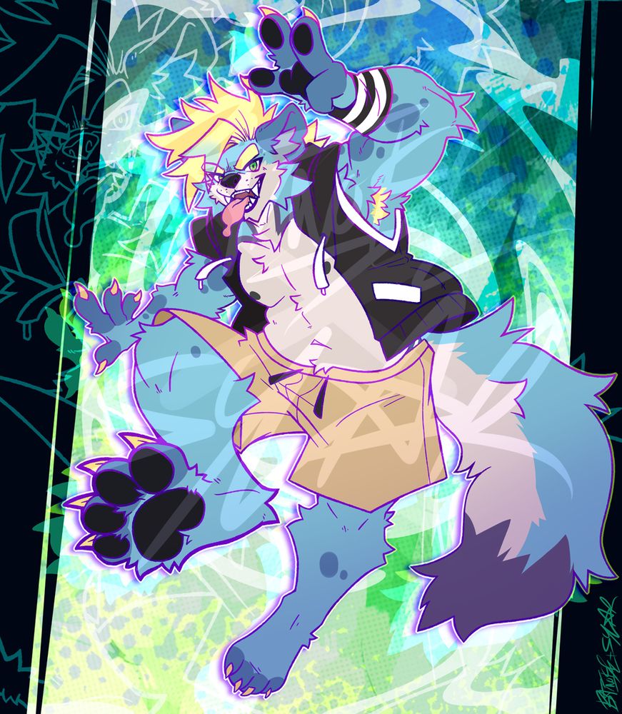 digital art of rise, a blue hyena boy with cream torso and yellow forward swept hair. he poses mid-leap in a dynamic pose with an excited expression, one foot raised up, wearing a black sleeveless hoodie showing off his tummy, and beige shorts. the background is an abstract blend of greens and blues, bordered by black on the sides.