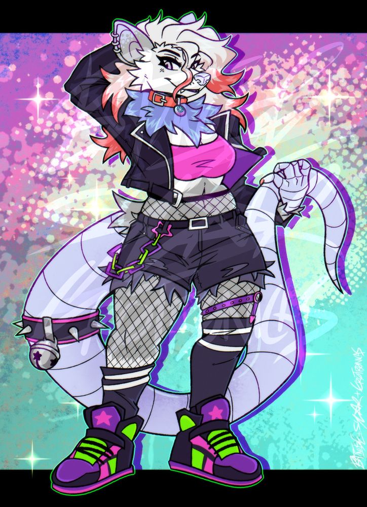 a digital drawing of a grey opossum furry with a light blue tail and nose, long bangs tipped in red, and piercings in her ears. she stands holding her long, hefty tail in one hand, her other arm up behind her head. she wears a punkish outfit in black, pink, green, and purple with a cropped leather jacket, a tube top, fishnets, short shorts, garters, socks, and skate shoes. she wears a red collar around her neck and a spiked bell collar around her tail. the background is a colorful blend of pinks and teals.