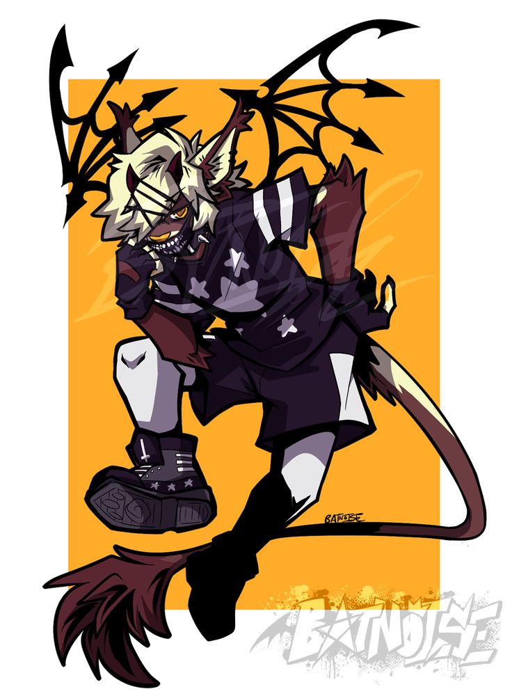 a digital drawing with strong black linework of mello, a brown caracal anthro with fluffy blond hair and short horns on his head. his hair is pinned to one side, revealing one of his eyes, orange in color and very intense. he wears an outfit in all monochrome, featuring a face mask, a jersey, shorts, leggings, and sneakers. he sports two sharp, stylized wings on his back. he is posed mid-air, leaning forward with an intimidating glare towards the viewer, one leg kicked forward in perspective. the background is orange.