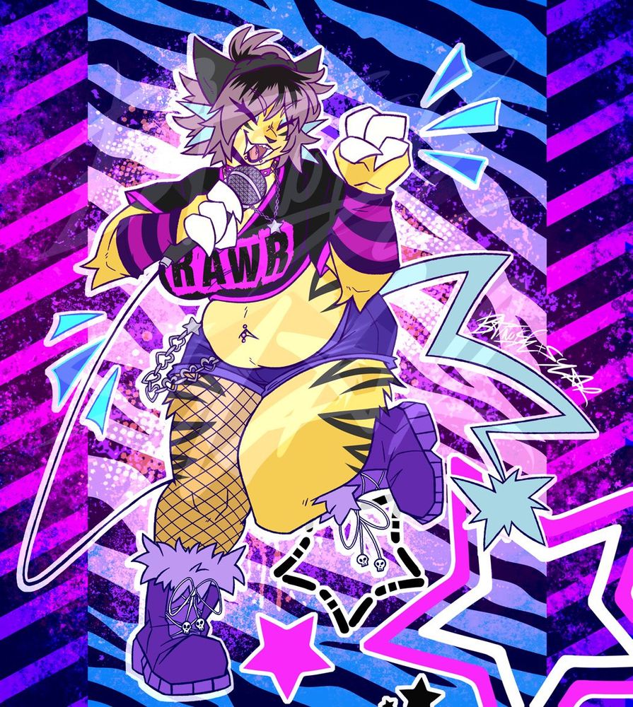 a digital drawing of clair, a chubby raikou girl, confidently dancing and singing into a microphone, having the time of her life. she has black hair with purple tips in a short, choppy bob hairstyle, spiked up in the back. she wears a black and magenta crop top that says "rawr" in all caps, magenta and purple striped armwarmers, very short blue-purple shorts, fishnets on one leg, and purple boots with lighter fur trim at the ankles. the background is a chaotic blend of textures, mainly in the colors blue, pink, black, and white.