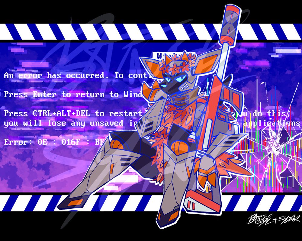 a digital drawing of a robotic deer character, mostly greys and black with some orange accents and blue facial features on their black screen face. they sit with an almost bothered expression, holding a rifle to her side, wearing a poncho made of orange leaves and a warm colored flower crown on their head, with her other hand holding up their head. the background is a blend of harsh blue and purple, framed by horizontal black bars, portraying a bluescreen error message, with broken glass and glitchy particles to the side, as if shot by the rifle.