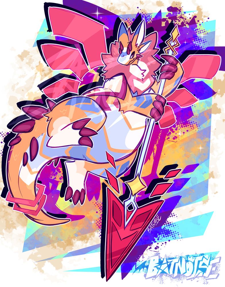 digital art of stratus (they/it pronouns), an orange and blue fat dragon with a red fluffy mane and darker red claws, mid-flight wielding a spear. the background is bright blues with yellow and purple splatters.
