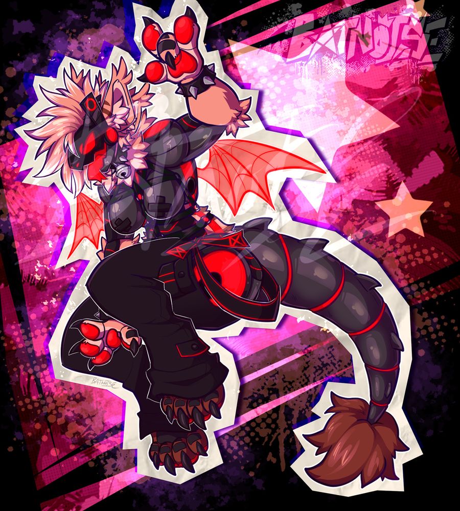 digital art of umber (it/she), a cream and brown fluffy cyborg creature with dark grey metallic parts, a black screen for a face and bright red accents. it poses mid-jump with its tongue stuck out, one arm held up with its fingers in a devil horns gesture, wearing a harness and tripp pants. it stands out like a paper cutout or a sticker against an abstract background, pink framed by black on all sides with splatter textures.