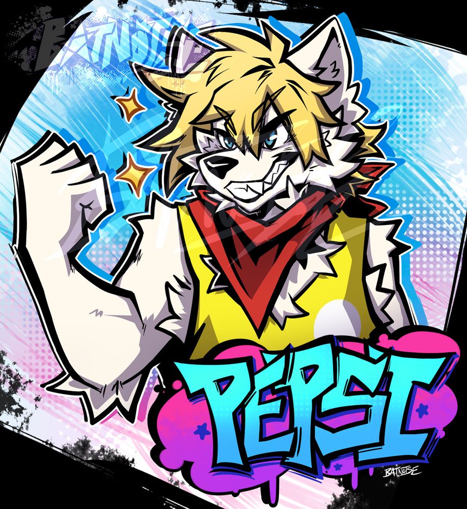 digital art from the chest up of pepsi (it/its), a white wolf anthro with fluffy blonde hair and blue eyes. it wears a red bandana and a yellow tank top with a bone on it. pepsi is drawn with heavy and sharp stylistic black linework, and its name is drawn as a colorful graffiti tag in the lower right corner. the background is blue and pink against white, bordered by rough swipes of black around the edges.